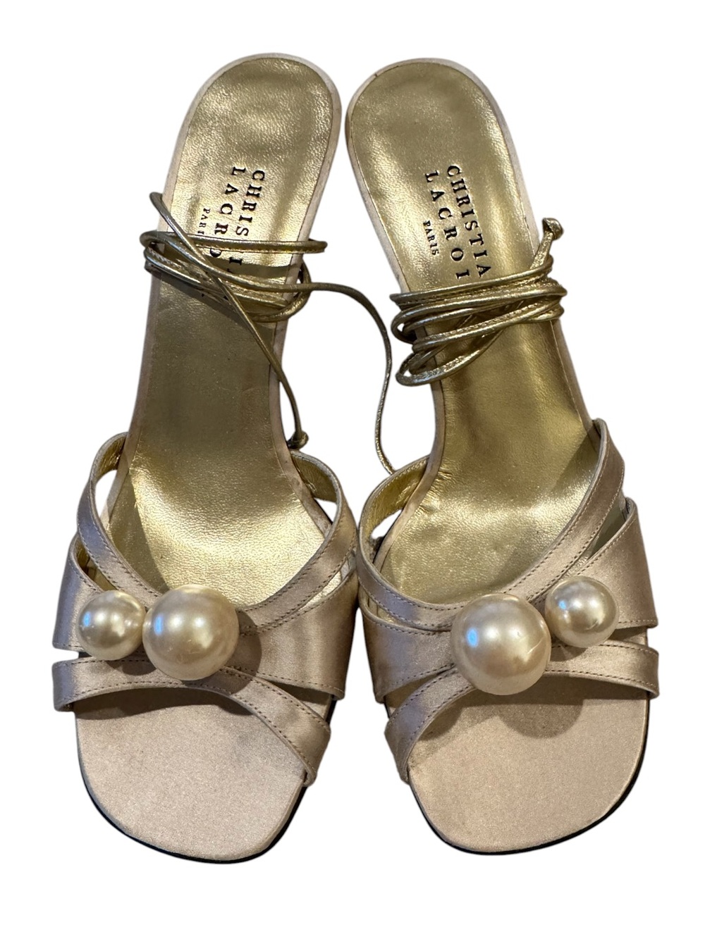 Christian Lacroix Metallic Gold-Pearl Embellished Mule Sandals